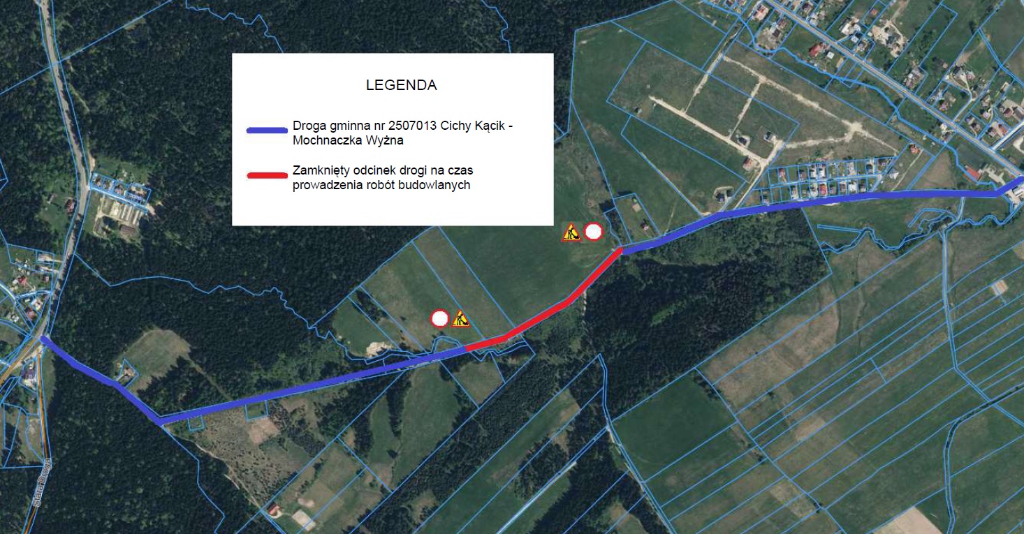 Obrazek przedstawia mapę z zaznaczonym zamkniętym fragmentem remontowanej drogi Cichy Kącik - Mochnaczka Wyżna
