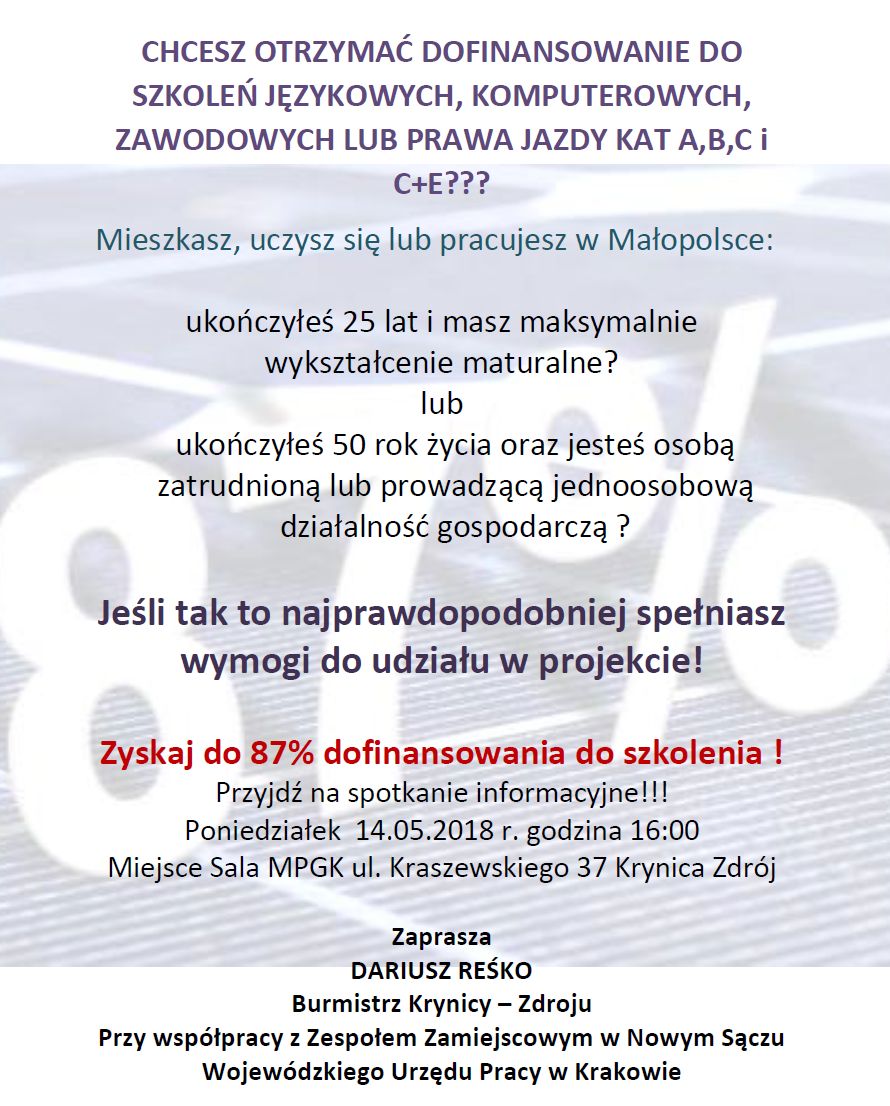 Zyskaj do 87% dofinansowania do szkolenia! Przyjdź na spotkanie informacyjne!