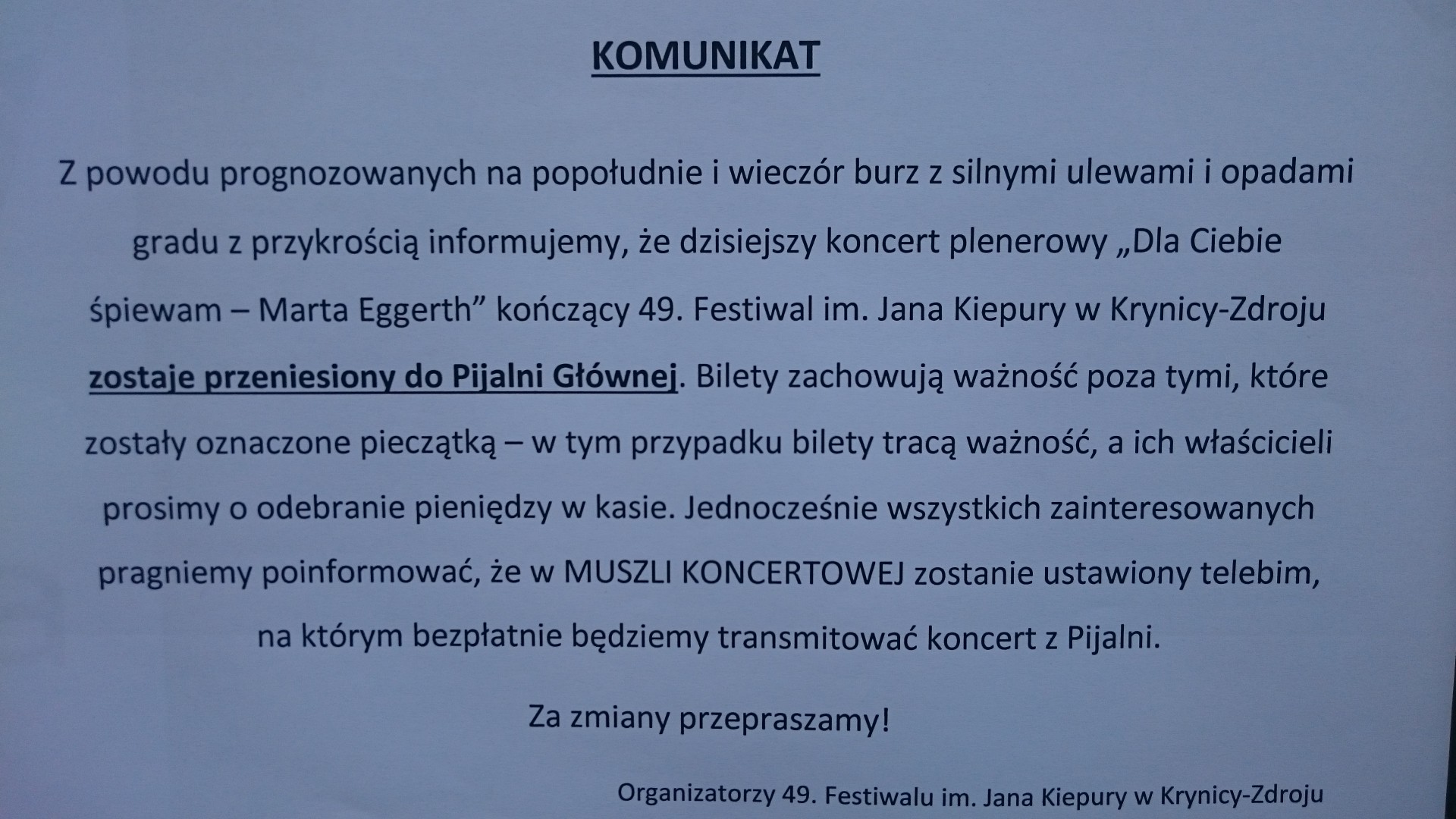 Koncert plenerowy przeniesiony do Pijalni Głównej