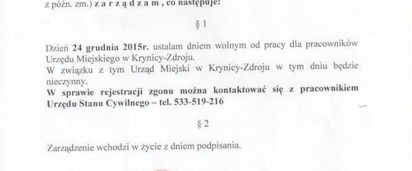 24 grudnia Urząd Miejski w Krynicy-Zdroju nieczynny