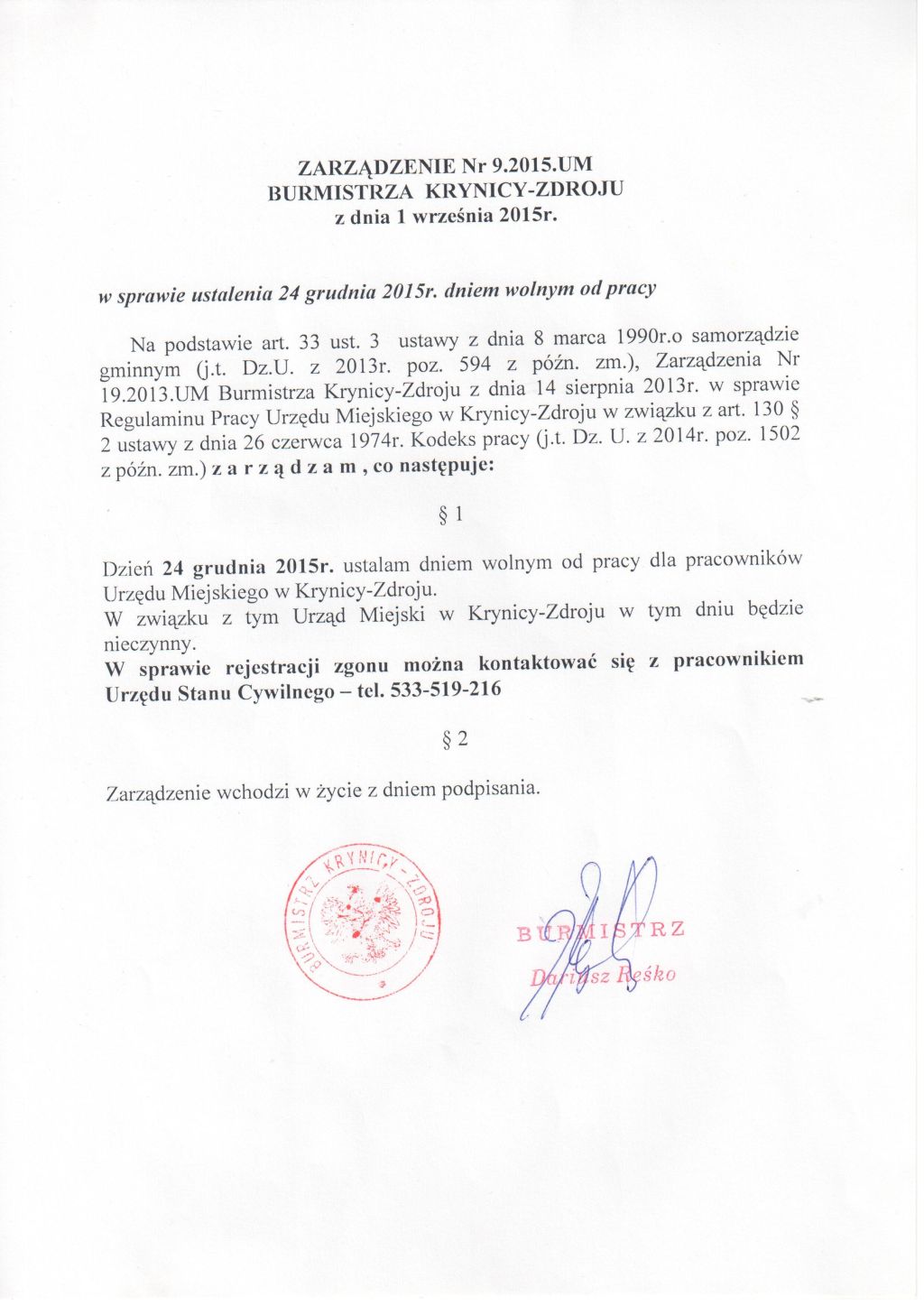 24 grudnia Urząd Miejski w Krynicy-Zdroju nieczynny