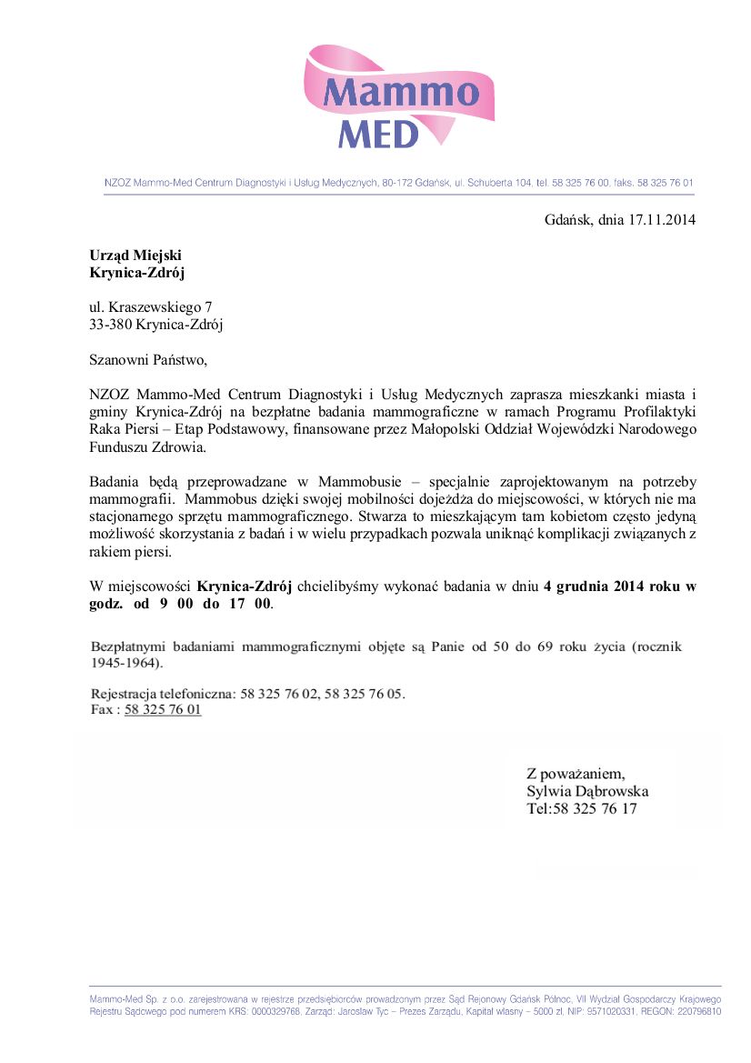 Bezpłatne badania mammograficzne