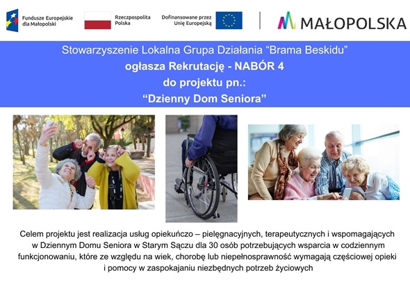 Stowarzyszenie Lokalna Grupa Działania „Brama Beskidu” ogłasza rekrutację do projektu pn. „Dzienny Dom Seniora”.